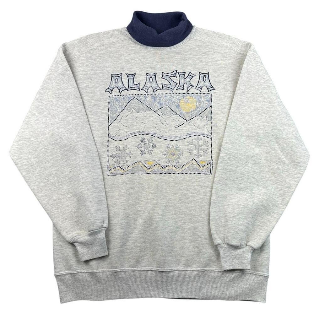 Vintage 90s Alaska Scenic Turtleneck Sweatshirt Jerzees Super Sweats USA XL Gray